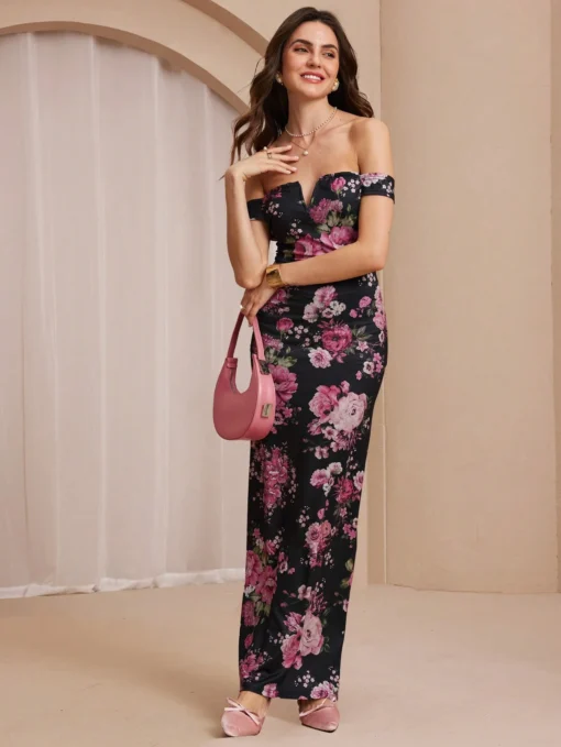 Almamuse Women's Elegant Figure Hugging Floral Printed Bandeau Dress