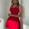 SHEIN Aloruh Women Solid Color Hollow-Out Red Simple Casual Fitted Mini Red Dress
