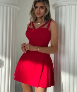 SHEIN Aloruh Women Solid Color Hollow-Out Red Simple Casual Fitted Mini Red Dress