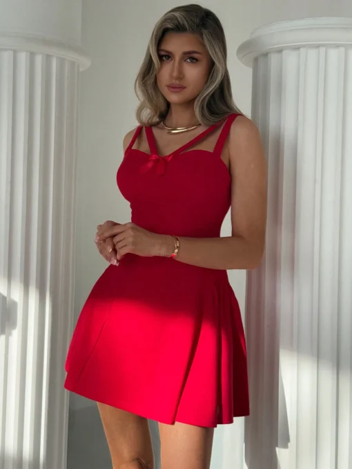 SHEIN Aloruh Women Solid Color Hollow-Out Red Simple Casual Fitted Mini Red Dress