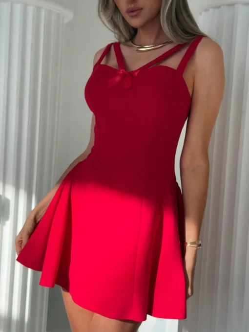 SHEIN Aloruh Women Solid Color Hollow-Out Red Simple Casual Fitted Mini Red Dress - Image 3