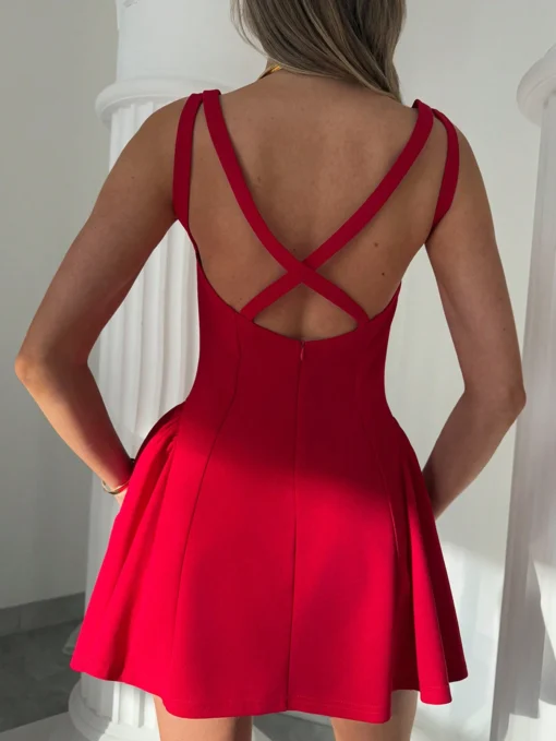 SHEIN Aloruh Women Solid Color Hollow-Out Red Simple Casual Fitted Mini Red Dress - Image 4