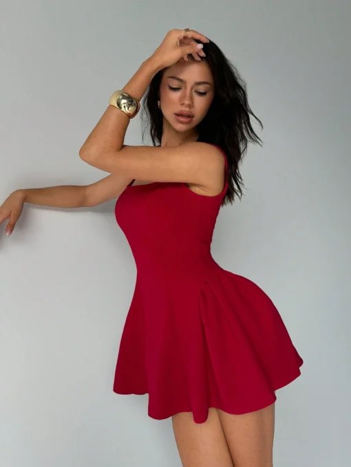 SHEIN Aloruh Women's Solid Red Mini A-Line Puff Sleeve Square Neck Elegant - Image 3