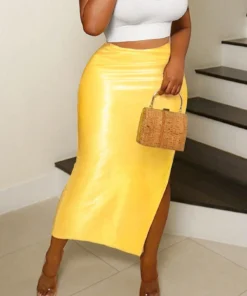 SHEIN BamGleam Women Solid Color Elastic Waist Side Slit Hemline Long Skirt