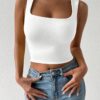 SHEIN Chiquease Solid Square Neck Crop White Tank Top