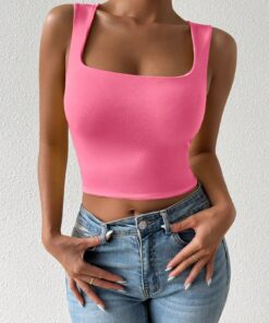 SHEIN Chiquease Women's Solid Color Cropped Slim Fit Casual Pink Square Neck Tank Top