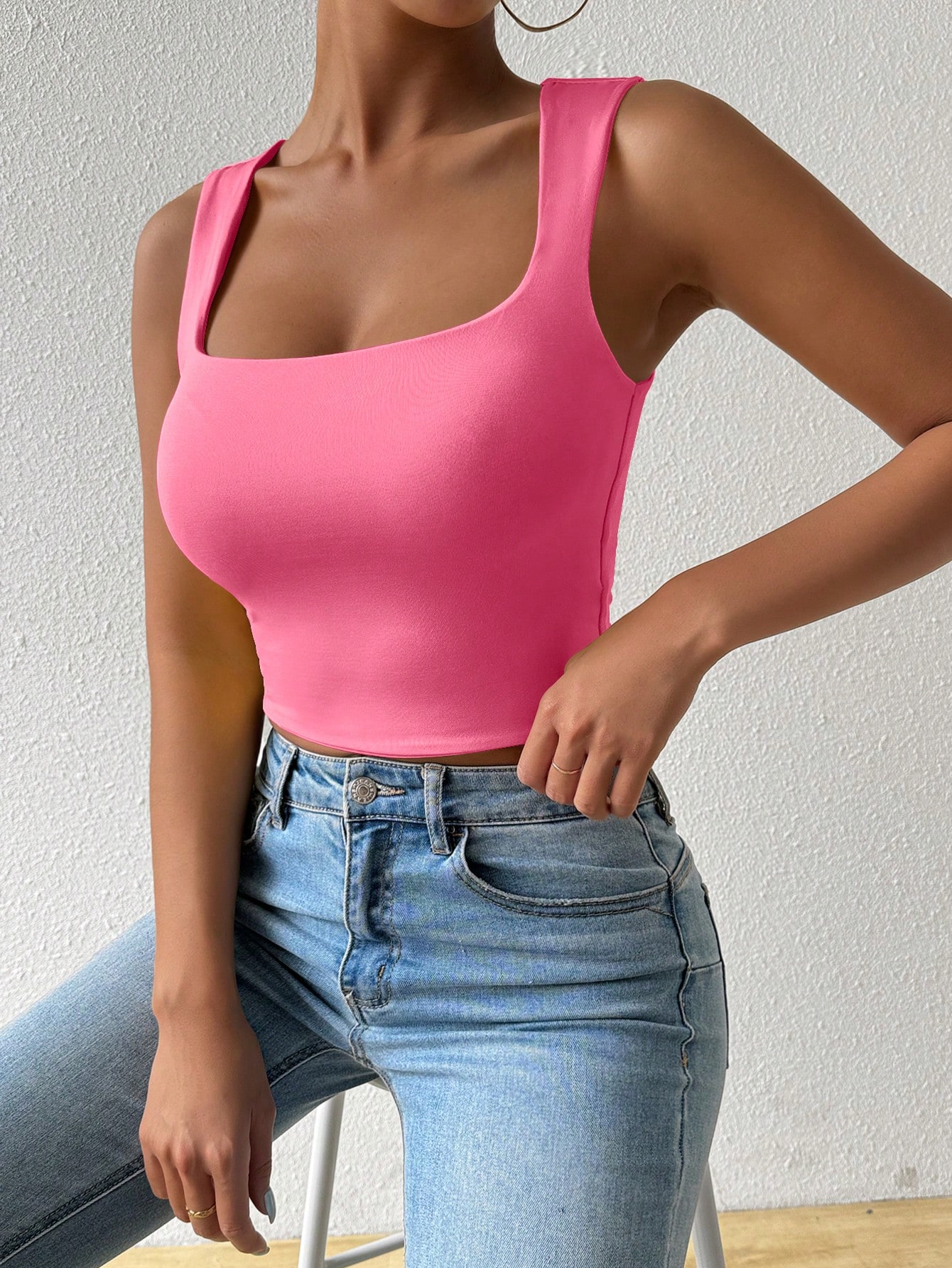 SHEIN Chiquease Women's Solid Color Cropped Slim Fit Casual Pink Square Neck Tank Top - Image 3