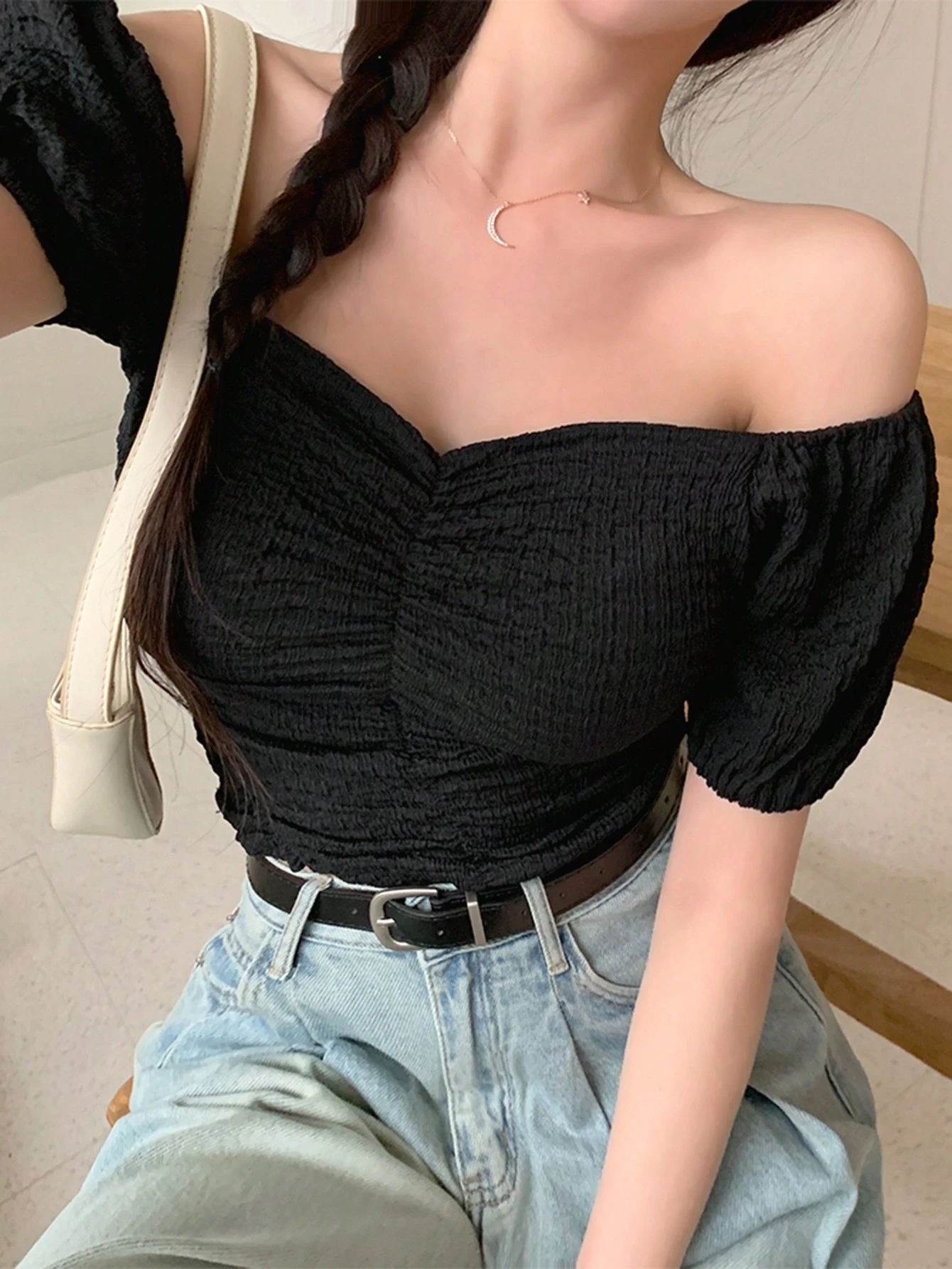 SHEIN DAZY Women's Off Shoulder Solid Color Ruched Puff Sleeve Bodycon Top - Image 2