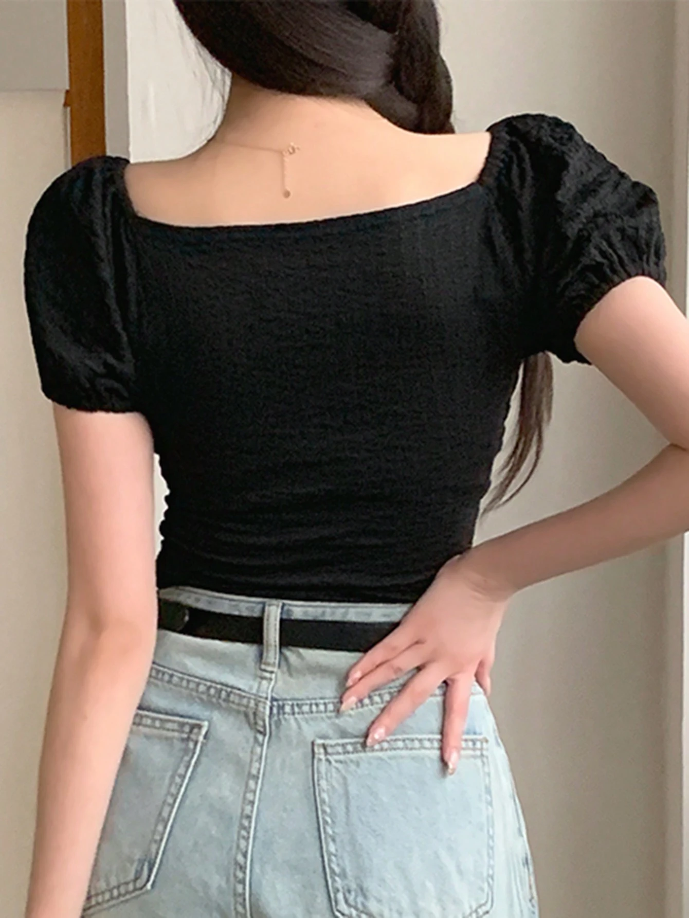 SHEIN DAZY Women's Off Shoulder Solid Color Ruched Puff Sleeve Bodycon Top - Image 3