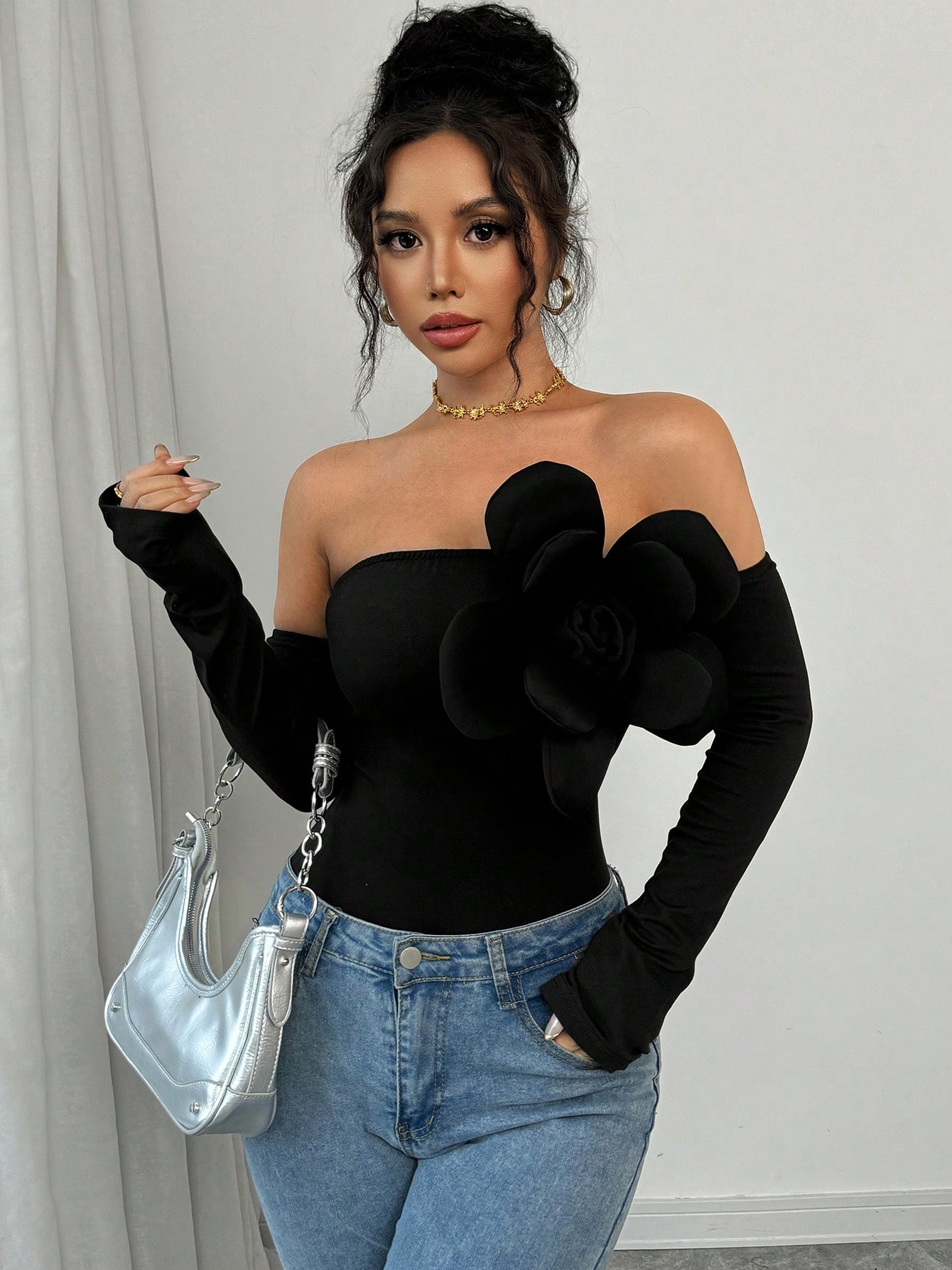 SHEIN Elenzga 1pc Women's Solid Color Off Shoulder Bodysuit