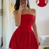 SHEIN Islaluna Fashionable Versatile Red Ruched Bustier Peplum Dress