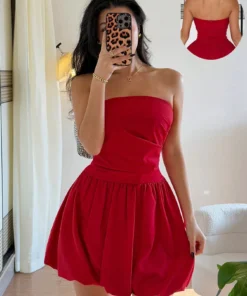 SHEIN Islaluna Fashionable Versatile Red Ruched Bustier Peplum Dress