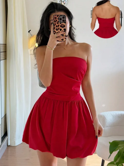 SHEIN Islaluna Fashionable Versatile Red Ruched Bustier Peplum Dress