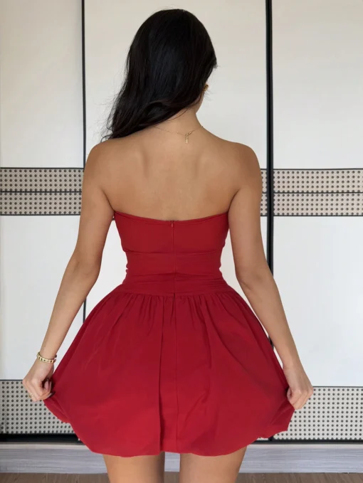 SHEIN Islaluna Fashionable Versatile Red Ruched Bustier Peplum Dress - Image 2