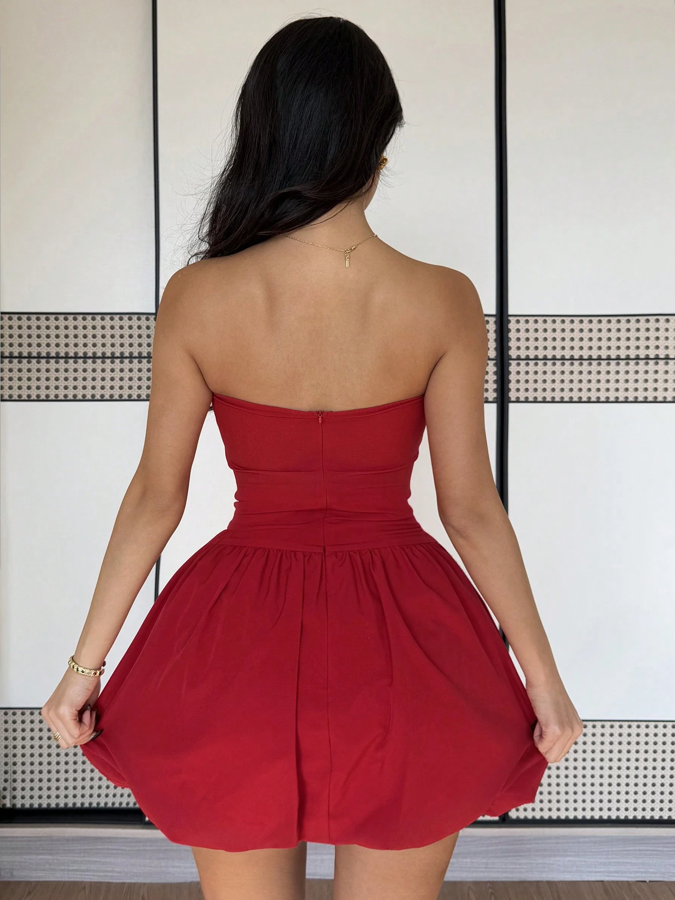 SHEIN Islaluna Fashionable Versatile Red Ruched Bustier Peplum Dress - Image 2