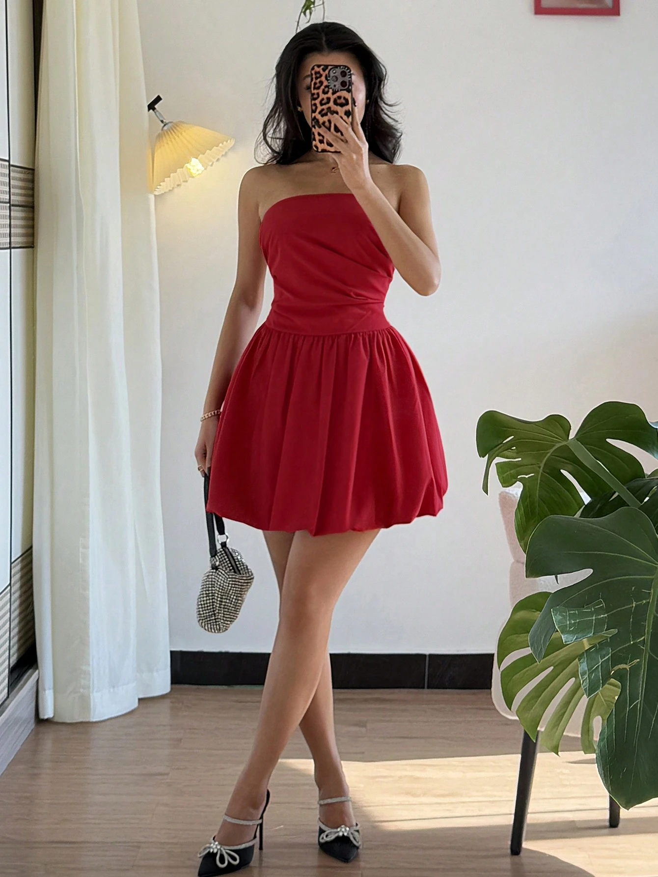 SHEIN Islaluna Fashionable Versatile Red Ruched Bustier Peplum Dress - Image 3