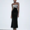 SHEIN Maija Women Sequin Patchwork Silver Hollow Out Waist Spaghetti Strap Long Velvet