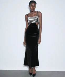 SHEIN Maija Women Sequin Patchwork Silver Hollow Out Waist Spaghetti Strap Long Velvet
