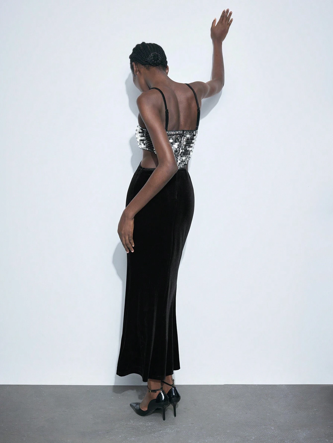 SHEIN Maija Women Sequin Patchwork Silver Hollow Out Waist Spaghetti Strap Long Velvet - Image 2