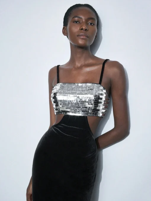 SHEIN Maija Women Sequin Patchwork Silver Hollow Out Waist Spaghetti Strap Long Velvet - Image 3