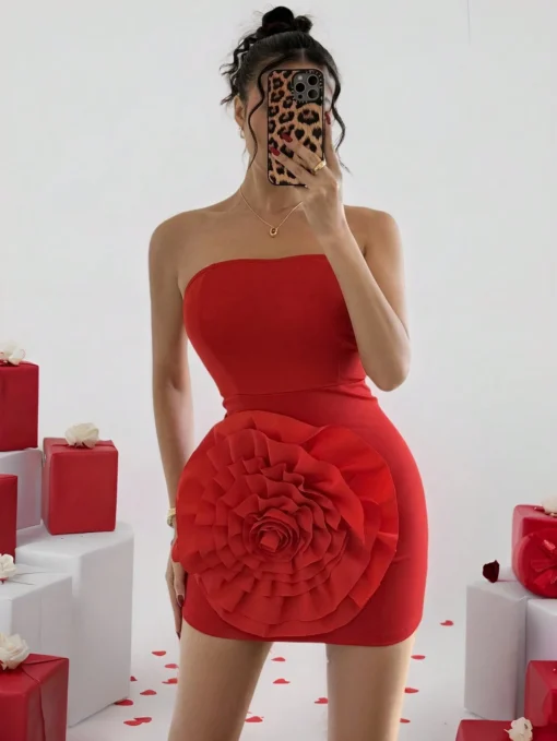 SHEIN Rafferiza Women's Elegant 3D Floral Vibrant Red Bodycon Dress