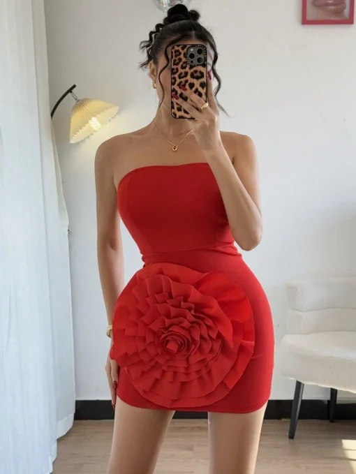 SHEIN Rafferiza Women's Elegant 3D Floral Vibrant Red Bodycon Dress - Image 3