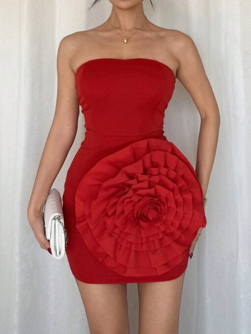 SHEIN Rafferiza Women's Elegant 3D Floral Vibrant Red Bodycon Dress - Image 4