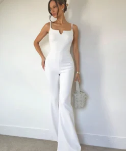 SHEIN Roylia Woman's Slim-Fit V-Neck Sleeveless Front Opening Flare Jumpsuit