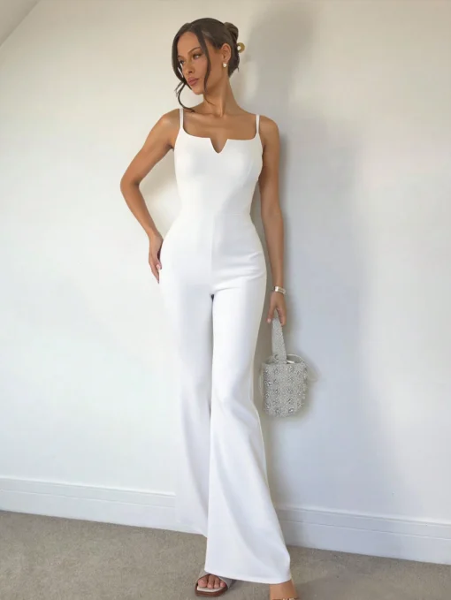 SHEIN Roylia Woman's Slim-Fit V-Neck Sleeveless Front Opening Flare Jumpsuit