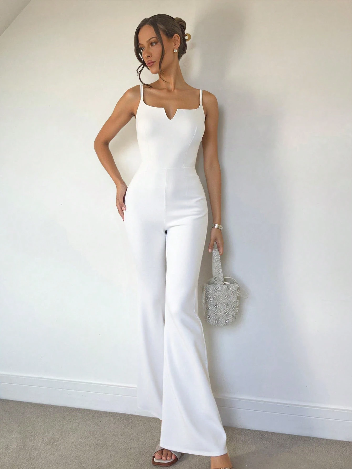 SHEIN Roylia Woman's Slim-Fit V-Neck Sleeveless Front Opening Flare Jumpsuit