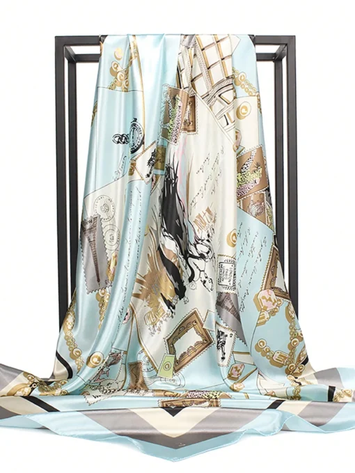SHEIN 1pc Women Bandana Light Blue Printed 90cm Square Scarf - Image 2