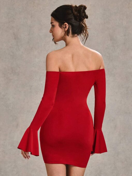 SHEIN BAE Solid Red Sexy, Elegant Cross-Tie 3D Floral Hollow Out Long Sleeve Mini Dress - Image 2