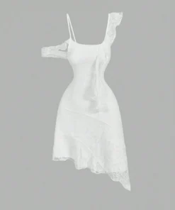 SHEIN MOD White Asymmetric Strap Front Fungus Lace Patchwork Dress
