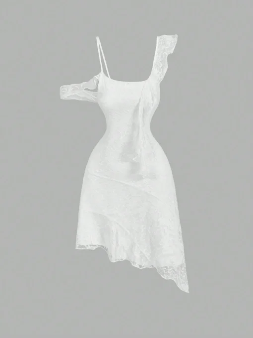 SHEIN MOD White Asymmetric Strap Front Fungus Lace Patchwork Dress