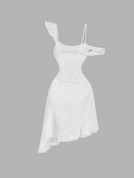 SHEIN MOD White Asymmetric Strap Front Fungus Lace Patchwork Dress - Image 2