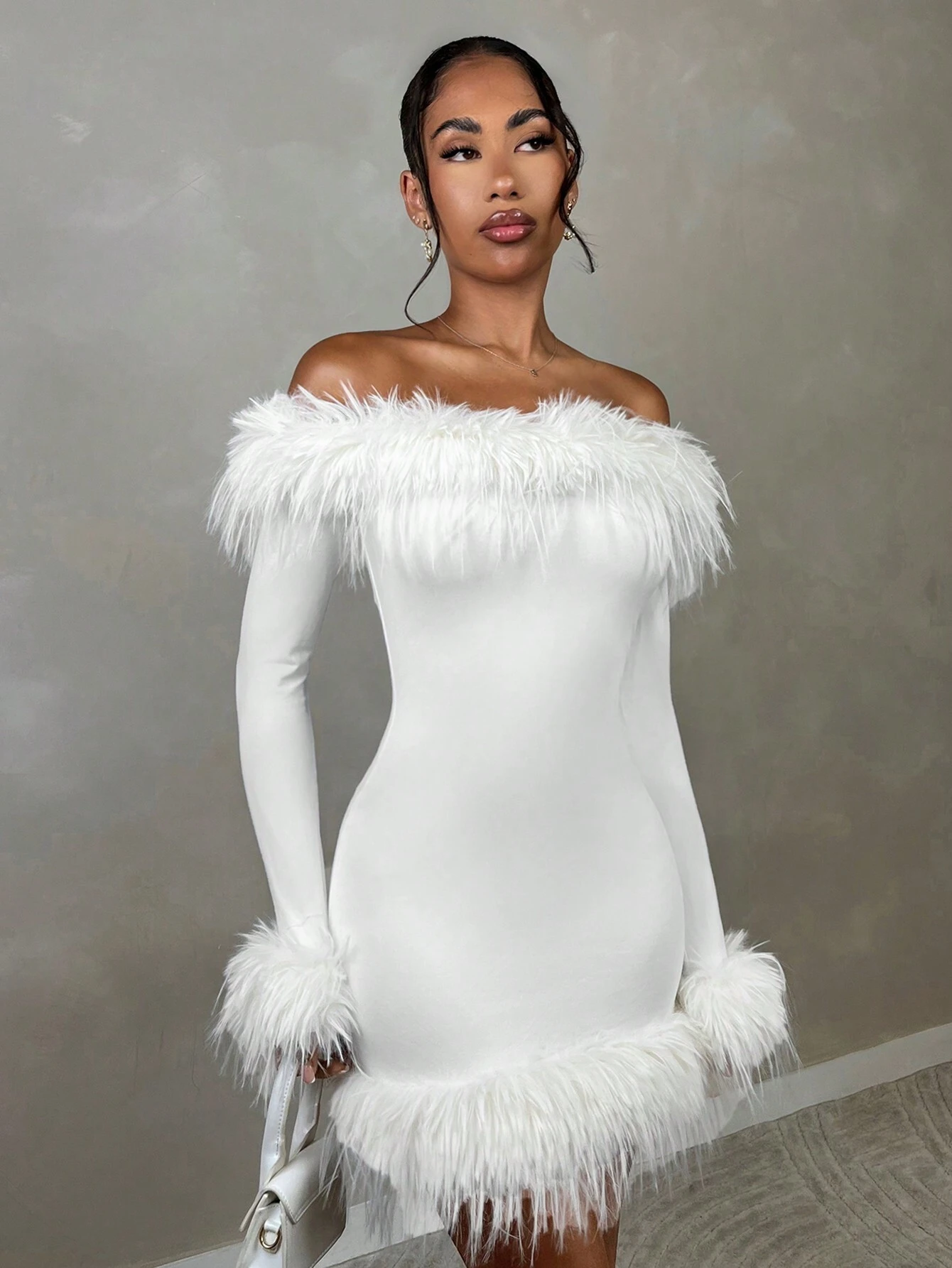 SHEIN BAE Autumn Off Shoulder Fitted Furry Decor Shoulder Exposed Dress - Image 3