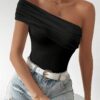 SHEIN Clasi Solid Color Slim Fit Ruched Asymmetrical Neck T-Shirt