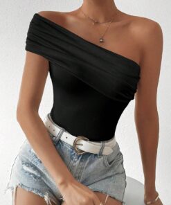 SHEIN Clasi Solid Color Slim Fit Ruched Asymmetrical Neck T-Shirt