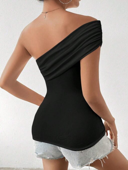 SHEIN Clasi Solid Color Slim Fit Ruched Asymmetrical Neck T-Shirt - Image 2