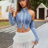 SHEIN PETITE Women's Denim Halter Neck Fitted Stretch Shirt