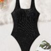 SHEIN Swim 1pc Shiny Black Strap One-Piece Swimsuit