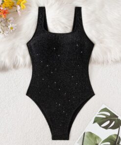 SHEIN Swim 1pc Shiny Black Strap One-Piece Swimsuit