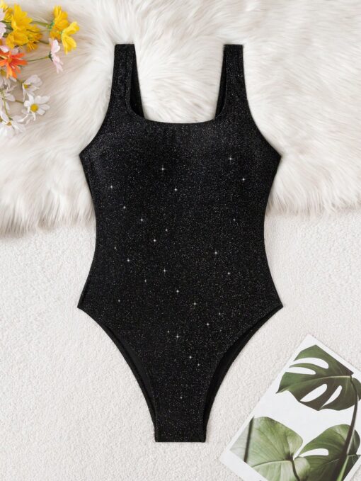 SHEIN Swim 1pc Shiny Black Strap One-Piece Swimsuit