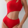 SHEIN Swim Basics 1pc Women's Solid Color Asymmetrical Neck Sleeveless