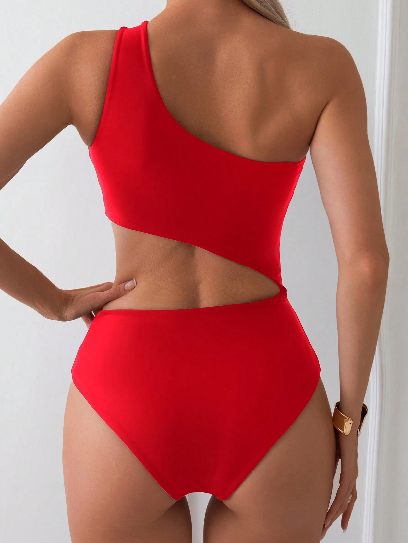 SHEIN Swim Basics 1pc Women's Solid Color Asymmetrical Neck Sleeveless - Image 2