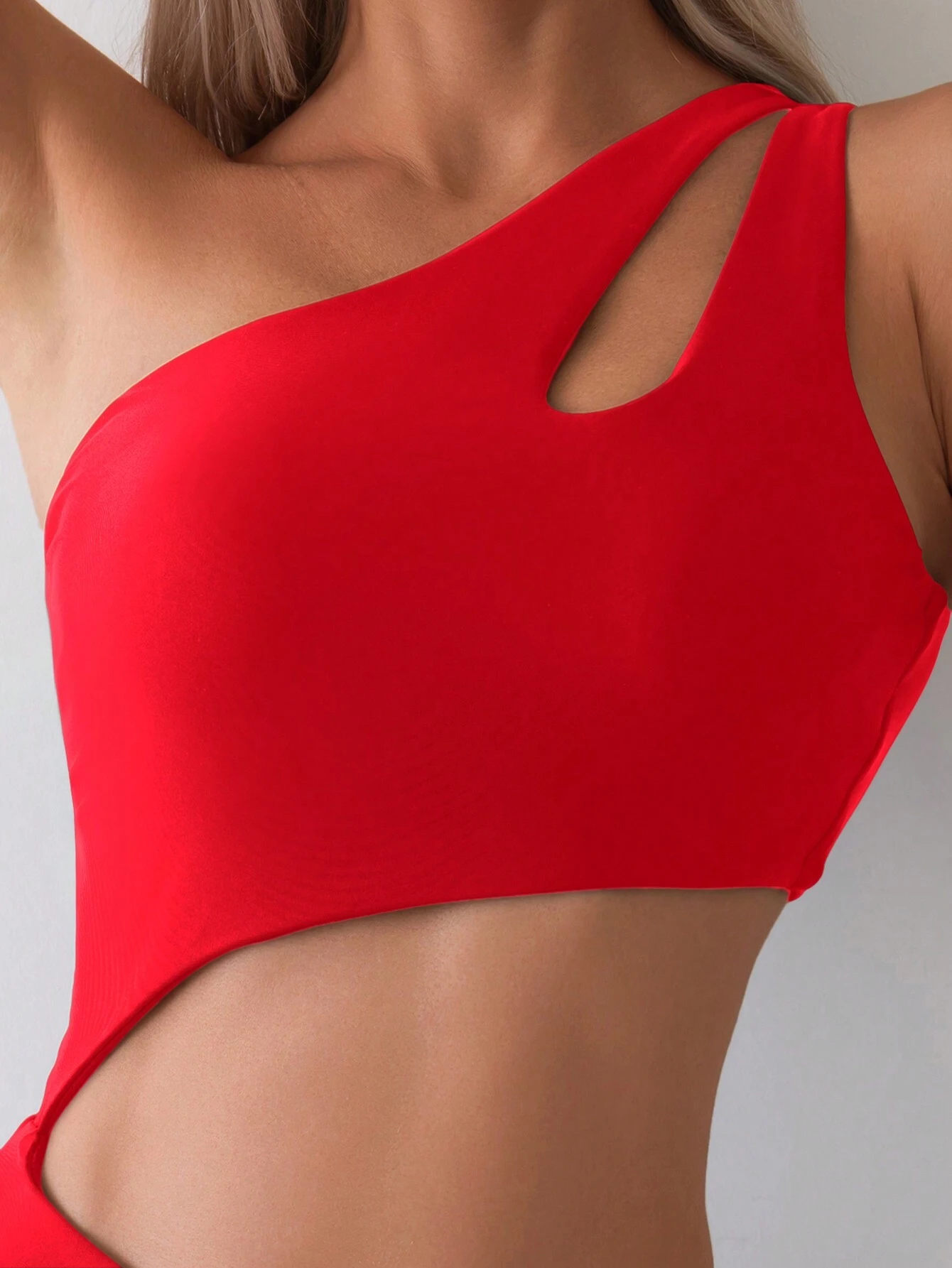 SHEIN Swim Basics 1pc Women's Solid Color Asymmetrical Neck Sleeveless - Image 3