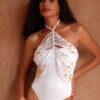 SHEIN Swim Chiccia Crew Neck, Halter Style, White Hollow Out Metal Beaded
