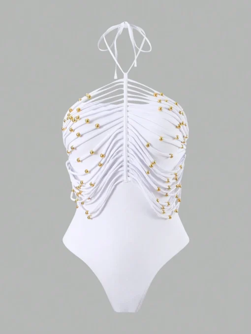 SHEIN Swim Chiccia Crew Neck, Halter Style, White Hollow Out Metal Beaded - Image 3