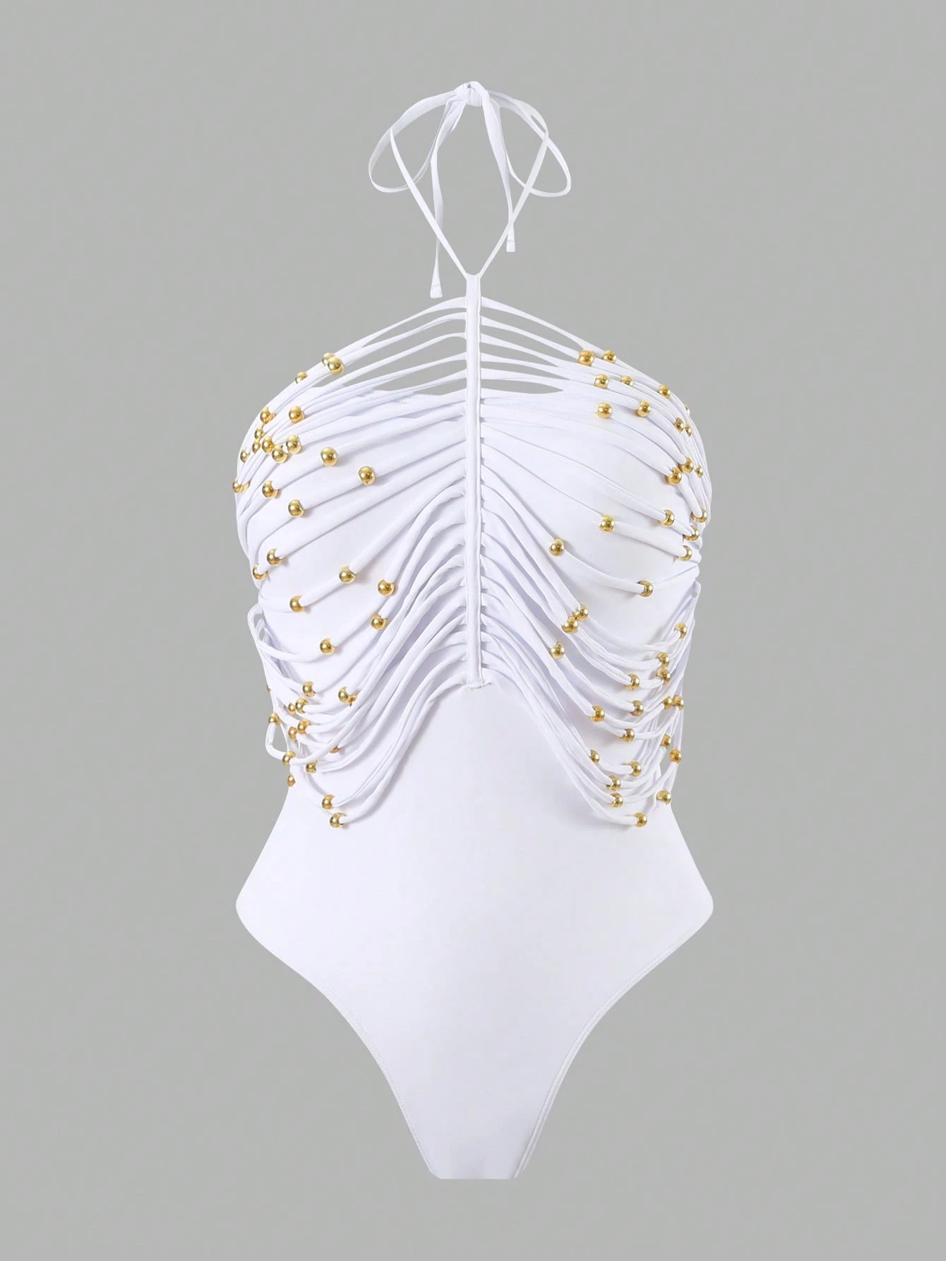 SHEIN Swim Chiccia Crew Neck, Halter Style, White Hollow Out Metal Beaded - Image 3