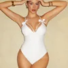 SHEIN Swim Chiccia Springbreak Women's Solid White Bowknot Pearl Decor Cute One-Piece Swimsuit